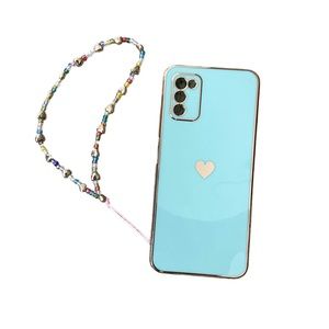 Samsung Electroplating Heart Light Blue A02S Cellphone Case with wrist strap